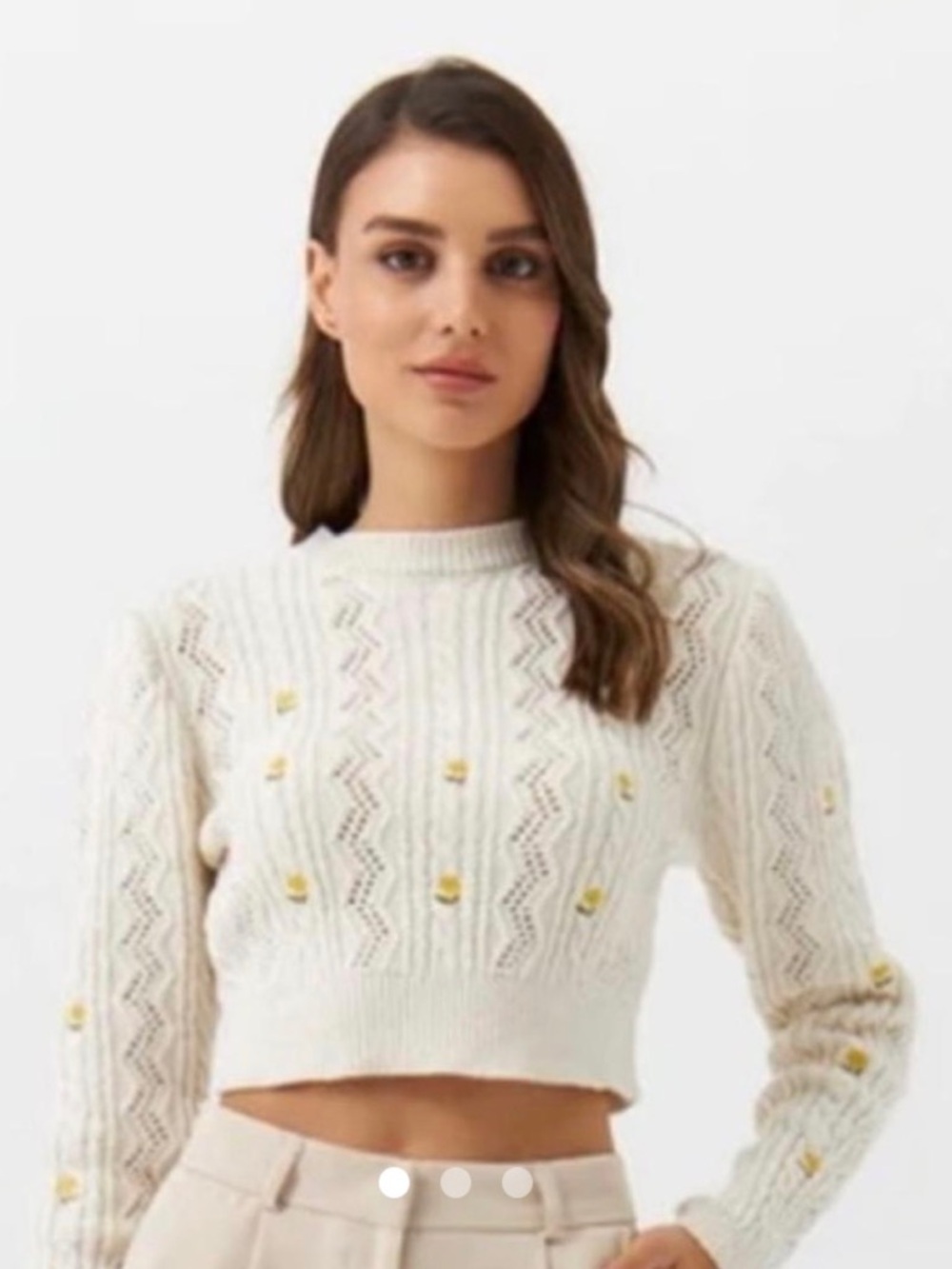 Zara Cream Knit Sweater with Yellow Floral Embroidery